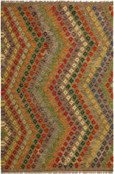 Flat Weave Kilim Antique Navaho Vintage handmade Modern Kilim Brown Green Hand-Woven Rectangle 100% Wool Area Rug 5x7